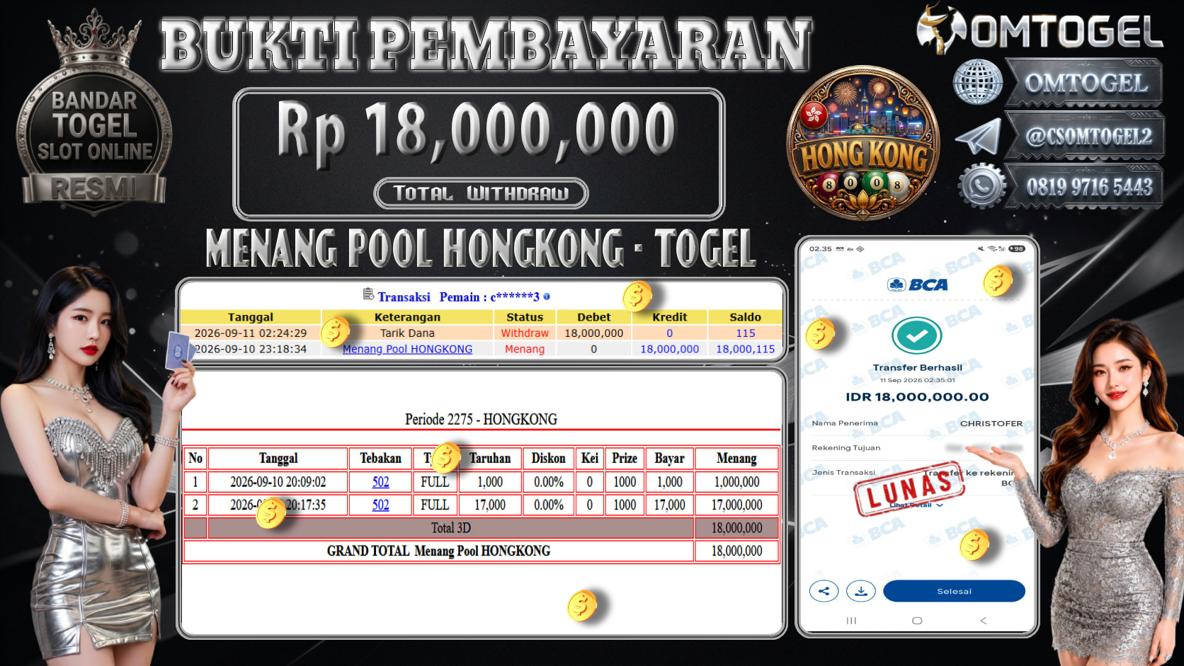 OMTOGEL JACKPOT MENANG TOGEL HONGKONG Rp.18,000,000,- DIBAYAR LUNAS