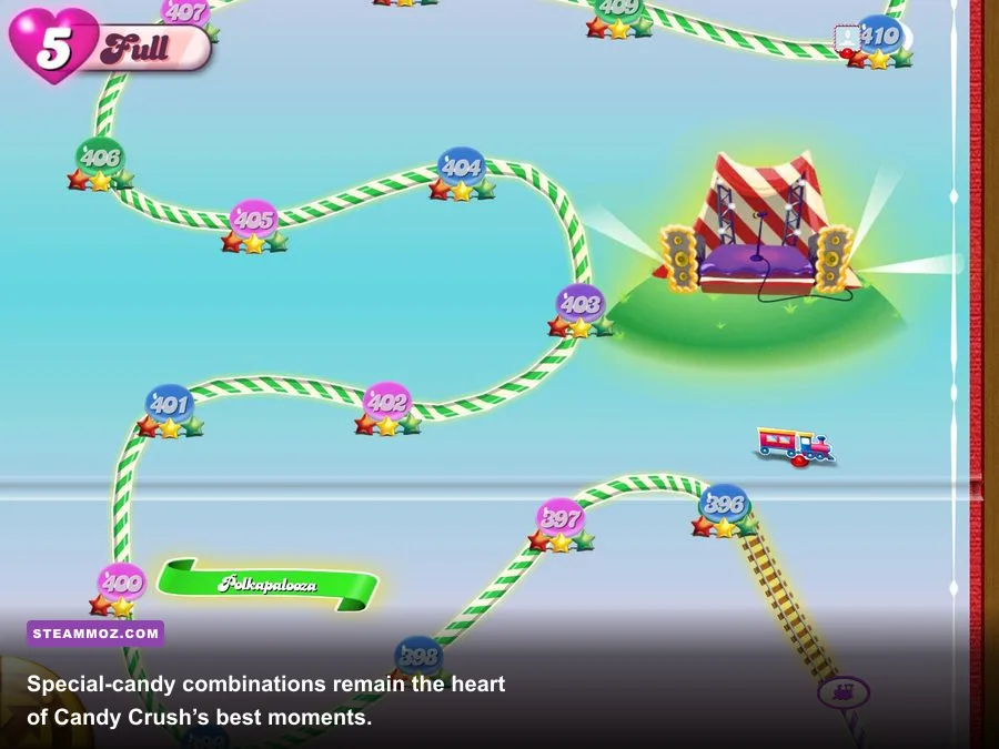 Candy Crush Saga board showing a striped candy combined with a color bomb