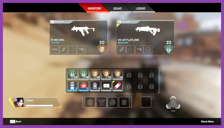 Apex Legends inventory showing ammunition shield cells and weapon attachments