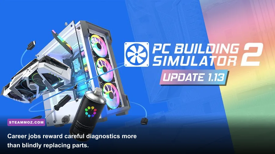 PC Building Simulator 2 Career Mode workshop with a customer repair job in progress