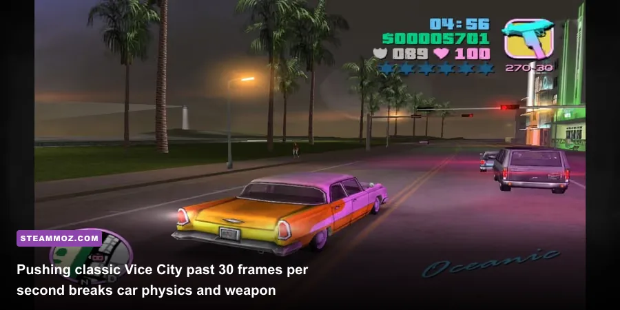 Tommy driving an Infernus past the Malibu Club in GTA Vice City