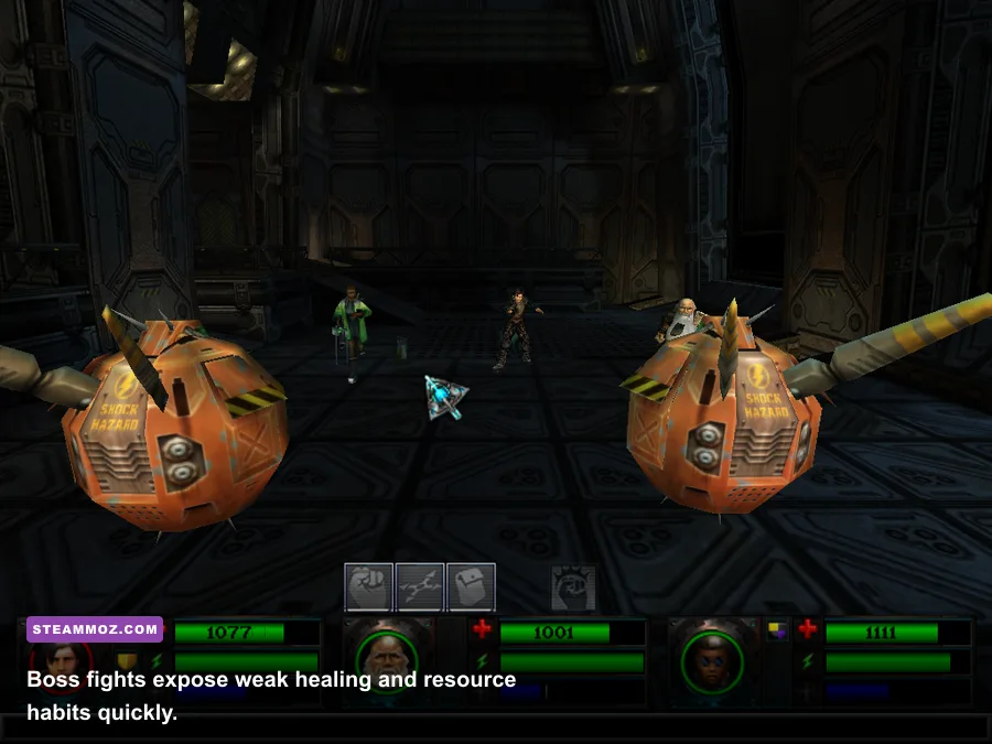 Anachronox boss battle showing the player party and enemy combatants