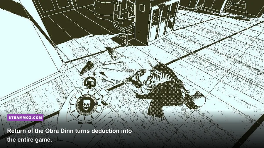 Return of the Obra Dinn monochrome ship deck investigation scene