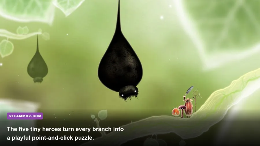 Botanicula gameplay showing its five main characters on a tree branch