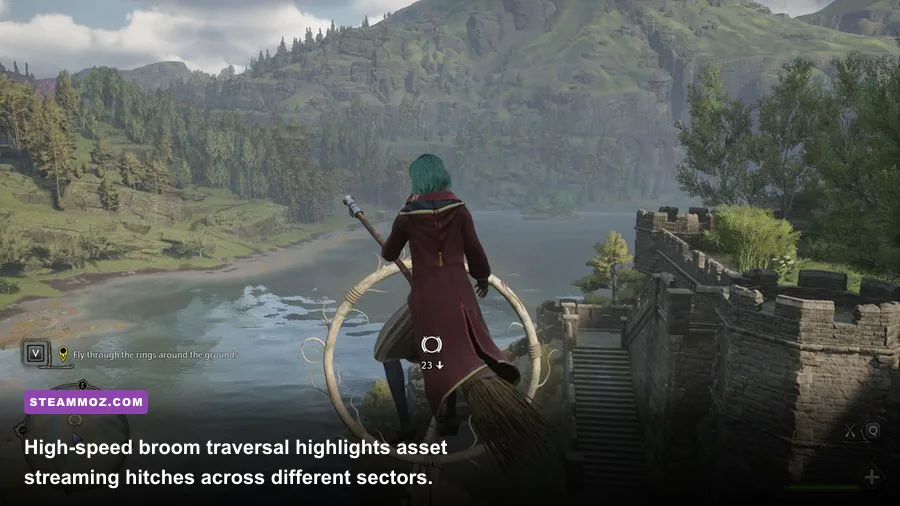 Player flying on a broomstick over the vast open world terrain of Hogwarts Legacy