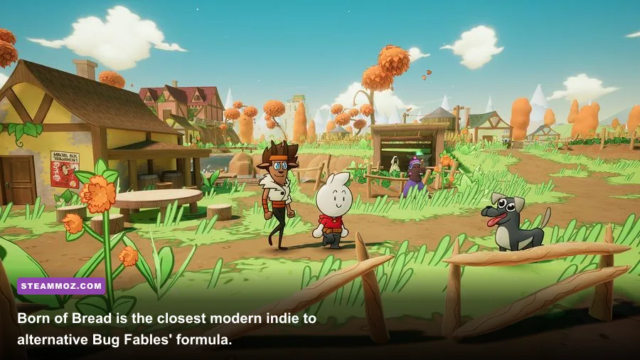 Born of Bread protagonist Loaf exploring a colorful world during a turn-based RPG battle