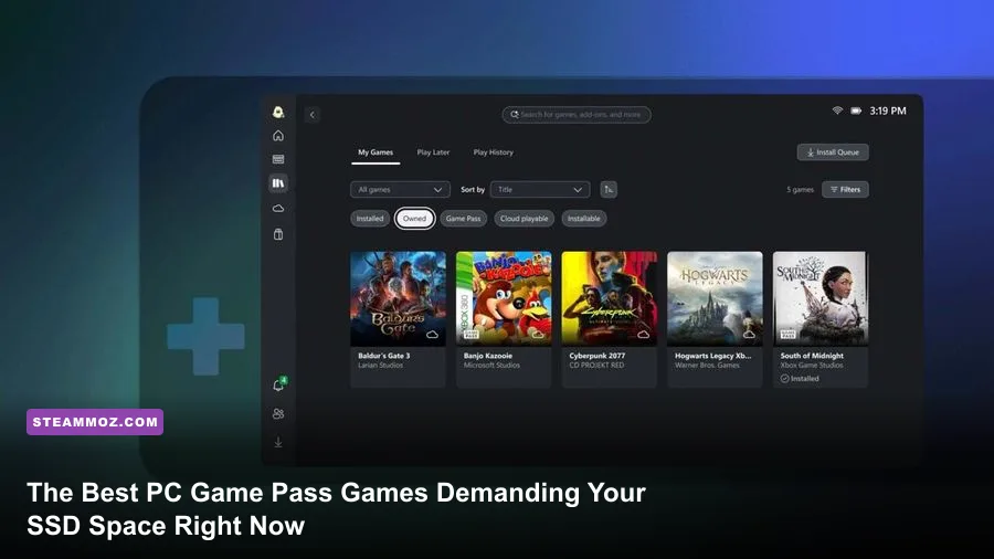 PC Game Pass user interface featuring top action and RPG games