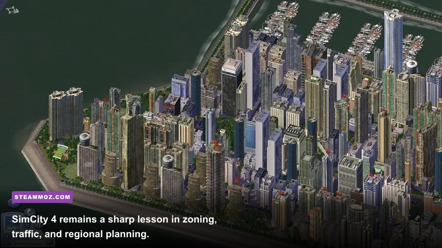 SimCity 4 Deluxe Edition metropolis with dense zoning, highways, and regional development