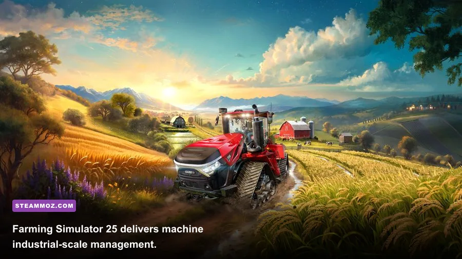 Farming Simulator 25 combine harvester working across a large field