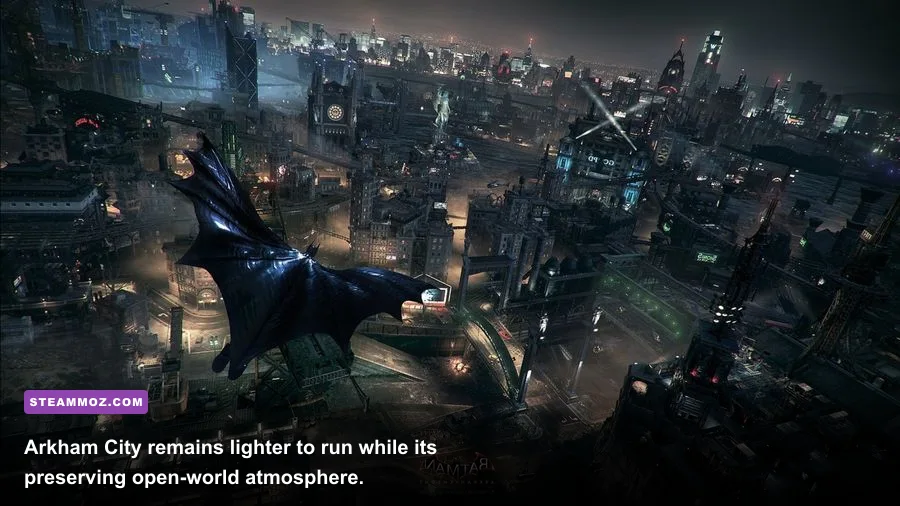 Batman gliding above Gotham City in Batman Arkham City