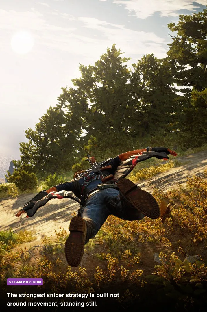 Rico Rodriguez combining wingsuit, grappling hook, and sniper rifle in Just Cause 3
