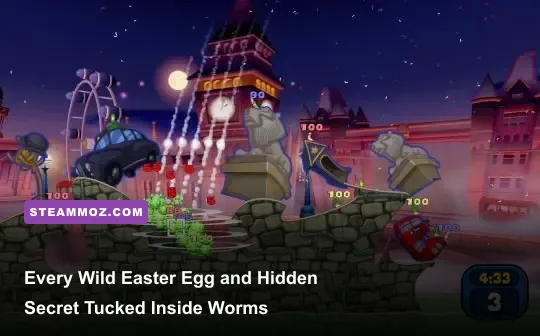 A chaotic turn in Worms Reloaded showing a Holy Hand Grenade detonation across a destructible 2D landscape
