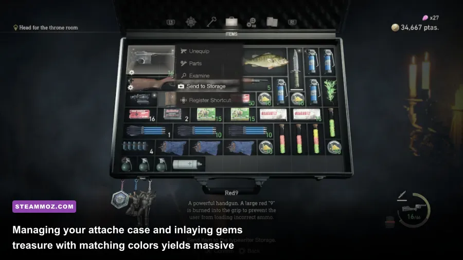 Leon's attache case inventory screen in Resident Evil 4 remake showing neatly sorted weapons and treasures