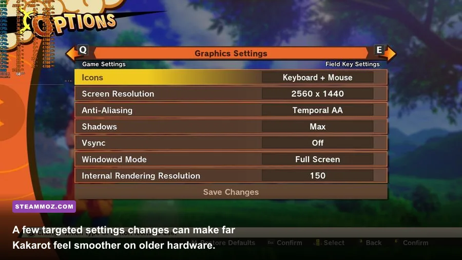 Dragon Ball Z Kakarot graphics settings menu on PC