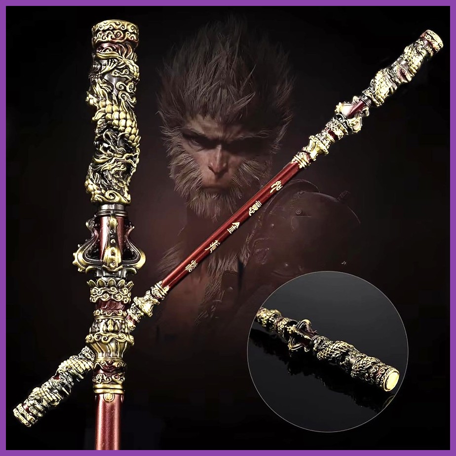 Closeup of various weapons from Black Myth Wukong on a stone altar