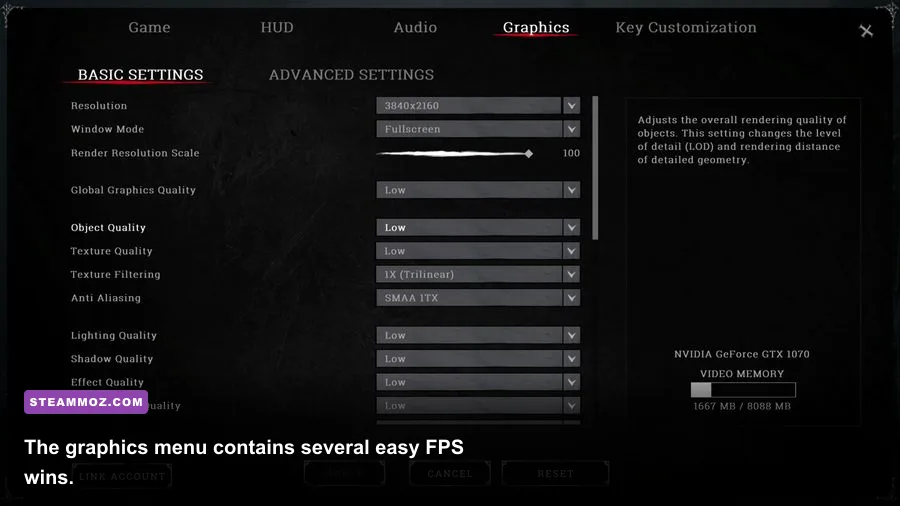 Hunt Showdown 1896 graphics settings menu showing quality and performance options