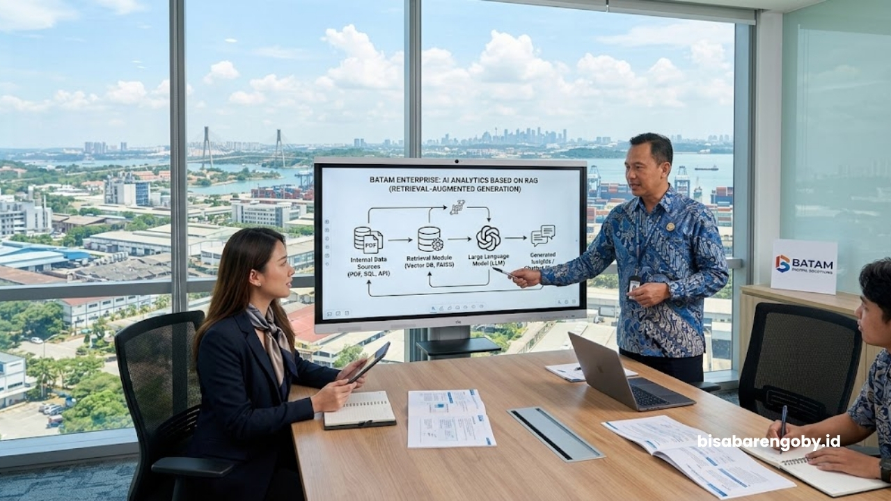 Manajer operasional berdiskusi dengan konsultan AI Analytics untuk perusahaan di Batam berbasis RAG