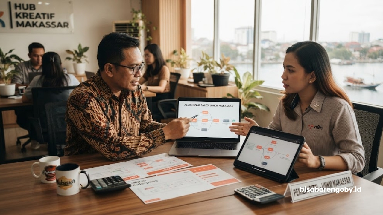Pemilik bisnis ritel berdiskusi dengan konsultan AI Sales untuk UMKM di Makassar berbasis n8n