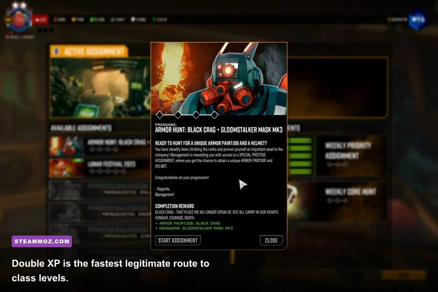 Deep Rock Galactic mission terminal showing a double XP mission on Hoxxes
