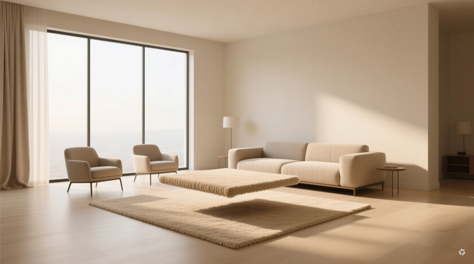 undersized rug floating disconnected from sofa, common rug placement mistake