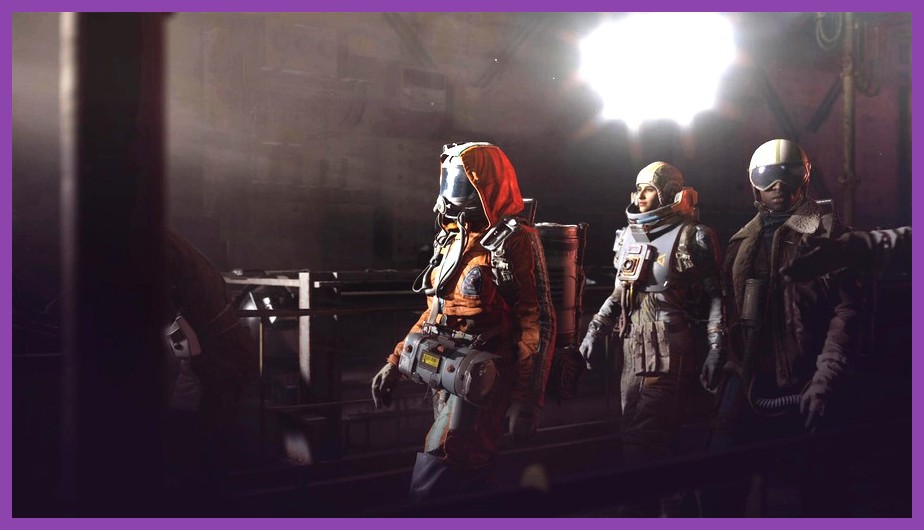 Three player raiders in full armor fighting a giant walking ARC machine