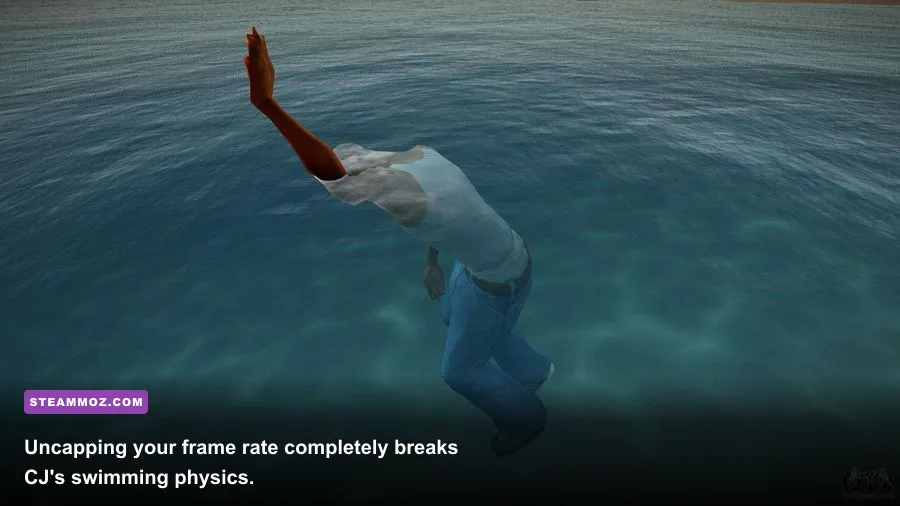 CJ swimming in the water in GTA San Andreas showing frame limiter mechanics