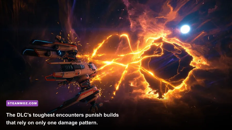 EVERSPACE 2 Wrath of the Ancients boss battle near a massive Ancient structure