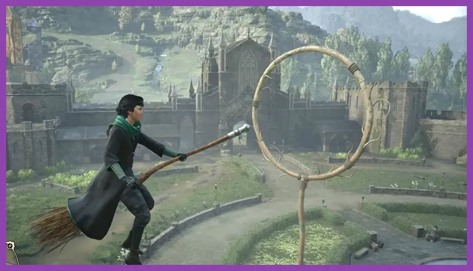 Hogwarts Legacy player flying on a broomstick over the highlands