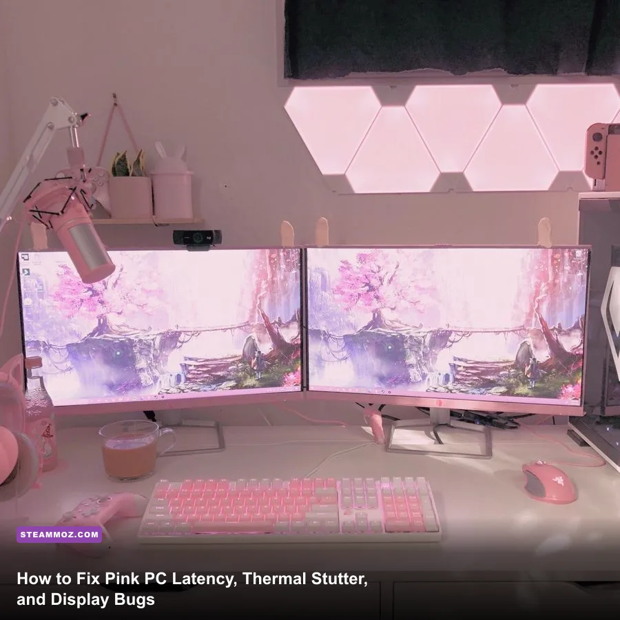 High performance custom pink gaming PC setup on an aesthetic desk