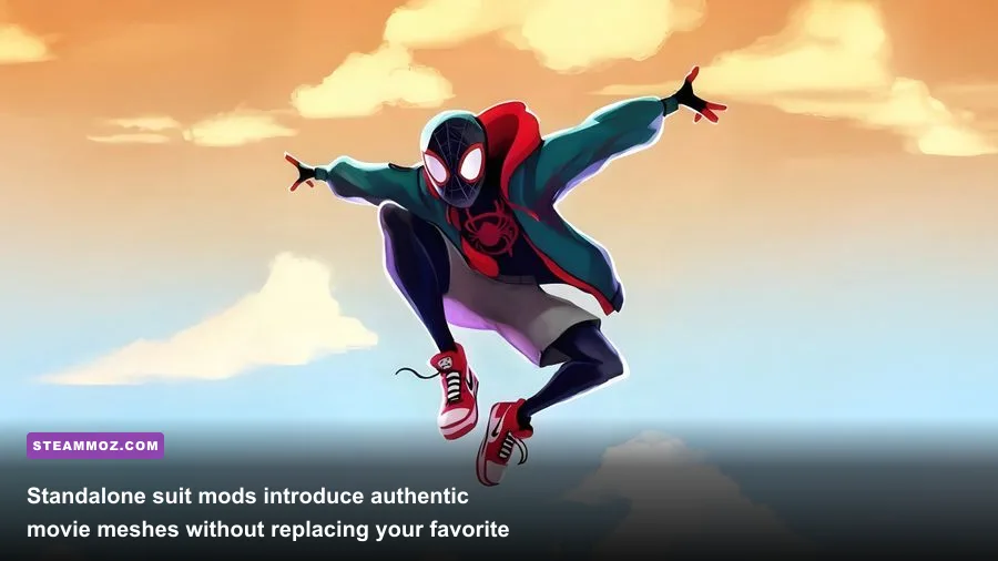 Custom Spider-Verse suit mod for Miles Morales PC featuring cloth physics and sneakers