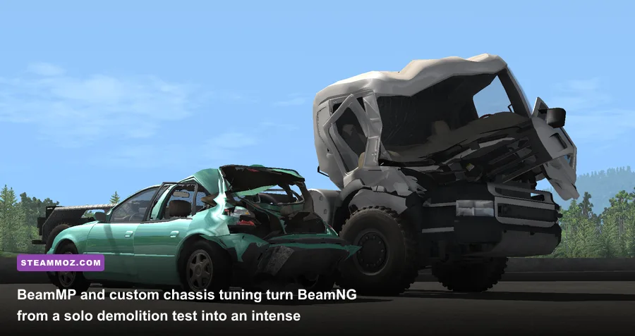 BeamNG drive customized drift cars sliding side-by-side with real-time soft-body deformation