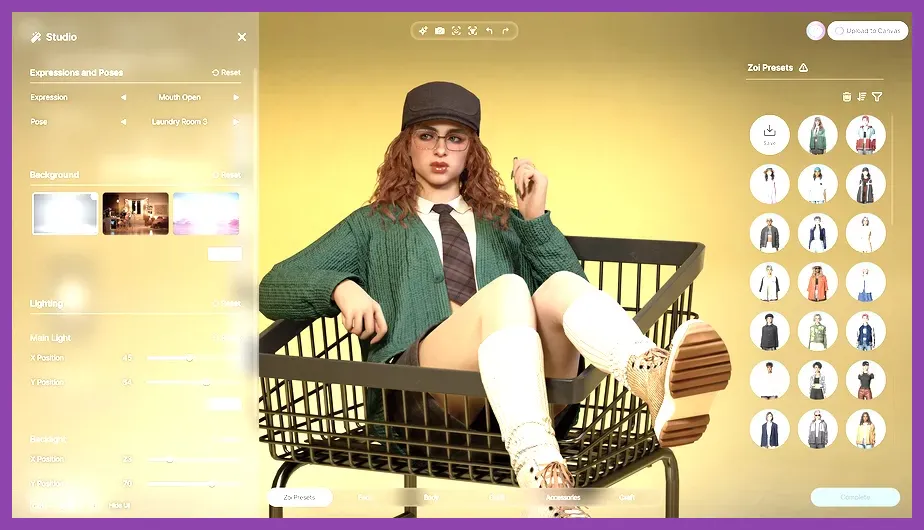 inZOI Create a Zoi menu with facial features hairstyle and clothing controls