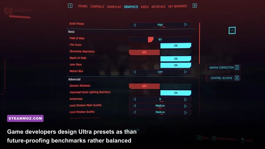 In-game visual settings menu comparing ultra and high preset toggles