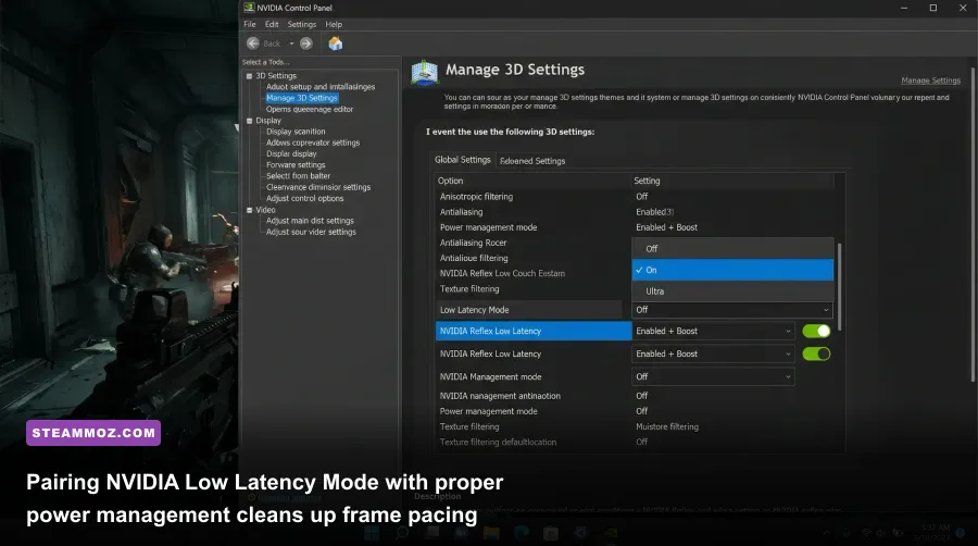 NVIDIA Control Panel 3D settings menu highlighting the Low Latency Mode toggle set to Ultra