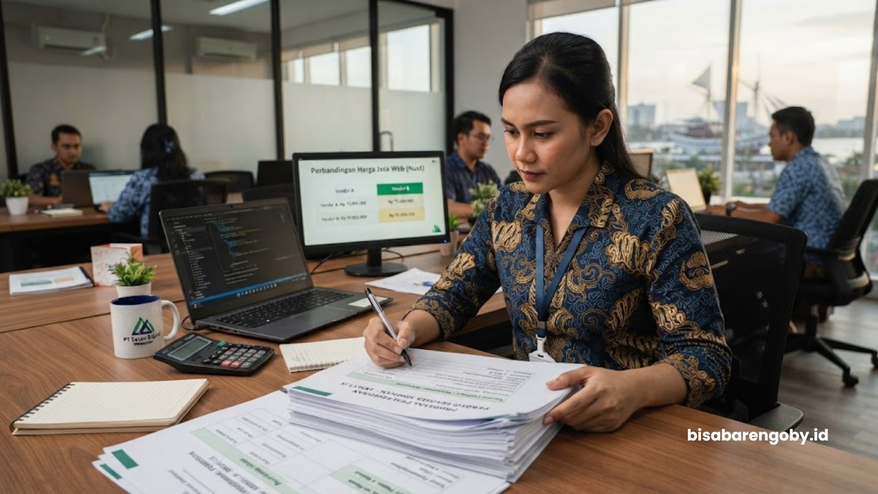 Manajer pengadaan mengevaluasi dokumen proposal saat menyeleksi jasa website untuk perusahaan di Makassar berbasis Nuxt