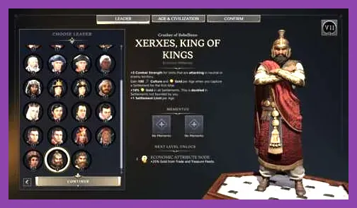 Civilization 7 leader selection menu showing the available historical leaders