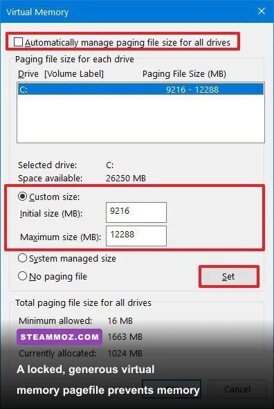 Windows virtual memory configuration dialog setting manual pagefile allocation
