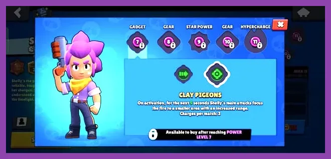 Shelly executing long-range shots using the Clay Pigeons gadget in Brawl Stars