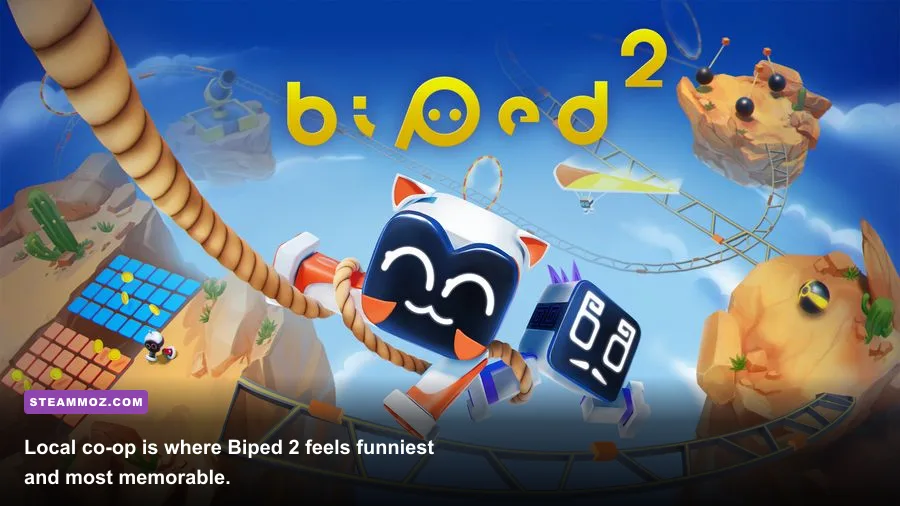 Biped 2 local multiplayer session with two robot characters on a platform