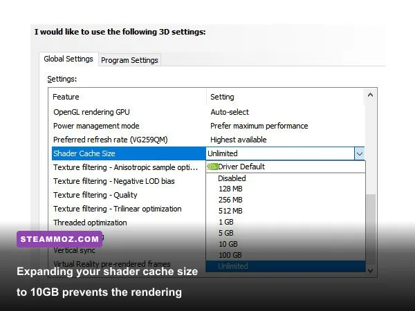 NVIDIA Control Panel showing 3D settings with shader cache size and low latency mode