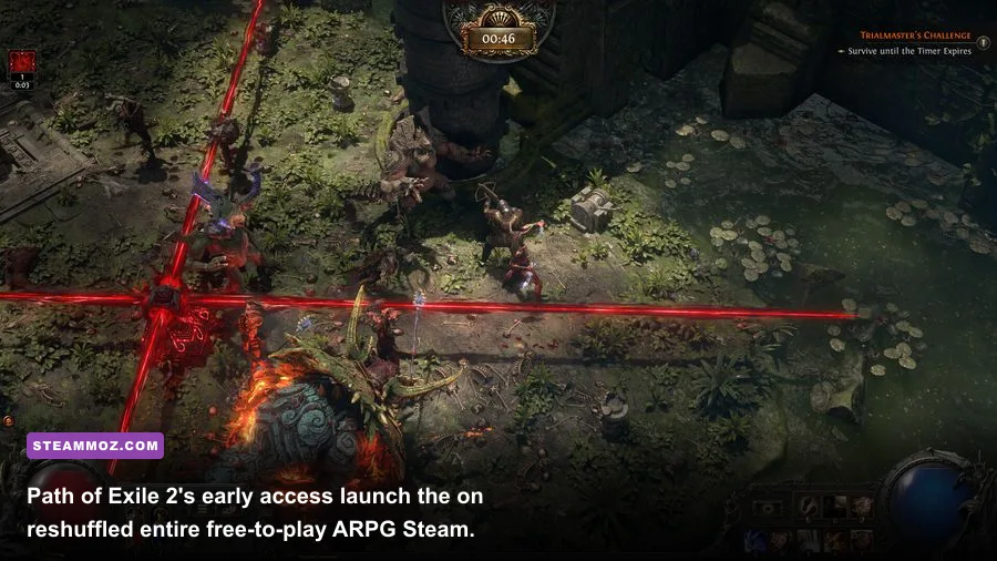 Path of Exile 2 character clearing enemies with a loot explosion