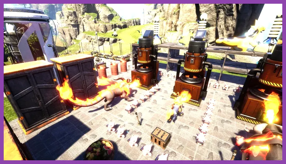 Organized Palworld base with workbenches
