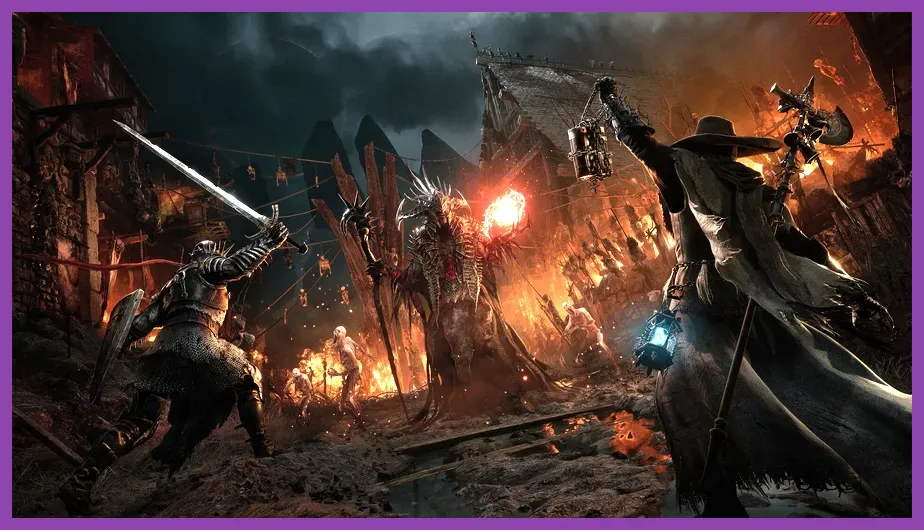 Boss battle against a massive entity in Lords of the Fallen