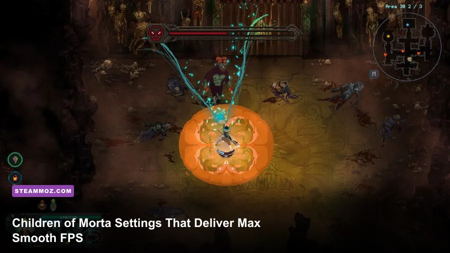 Children of Morta Bergson family battling enemies in a colorful dungeon