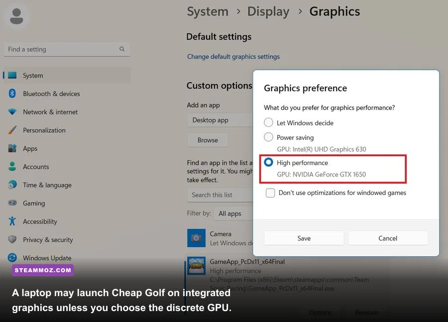 Windows graphics settings selecting a high performance GPU for a Steam game
