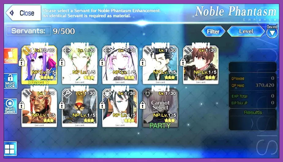 Fate Grand Order Noble Phantasm strengthening quest menu for a Servant