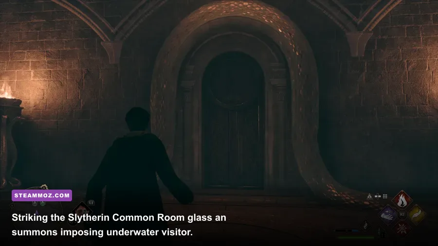 Giant squid tentacle hitting the underwater glass windows of the Slytherin Common Room
