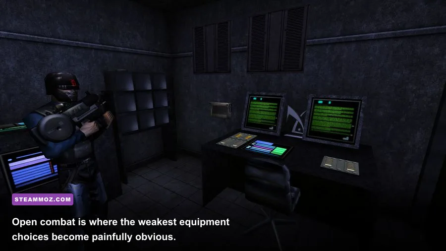 Eric Bane fighting armed guards in a warehouse area in DARK