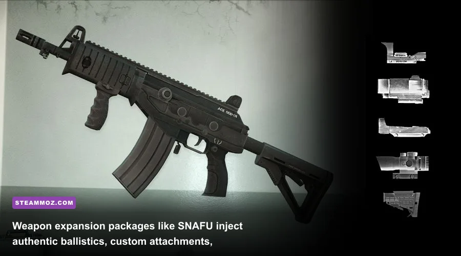 Detailed weapon customization screen featuring modded assault rifles and optics in DayZ