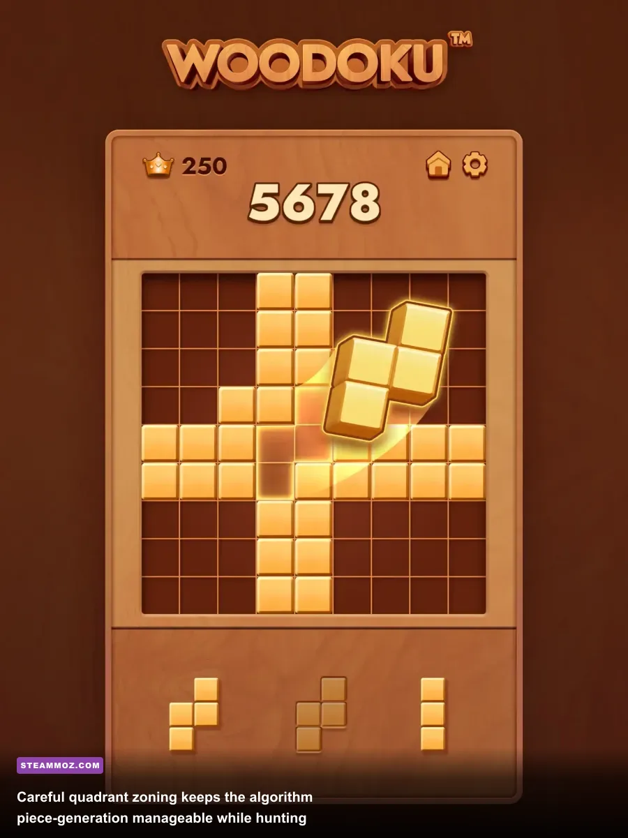 High-level Woodoku tactical layout maintaining open center quadrant for combo continuity